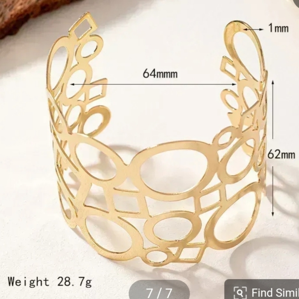 Cuff Bracelet 14K Gold Plated Art Deco Geometric Design - Picture 5 of 8